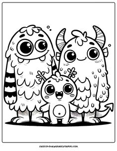 the whimsical Monster Family! This delightful scene showcases a tall, short, and baby monster, all beaming with joy Monster Svg Free, October Coloring Pages, Monsters Coloring Pages, Dibujos Halloween, Monster Camp