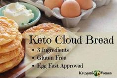 keto cloud bread ingredients and instructions on a wooden cutting board with eggs in the background