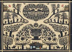 an image of a tapestry with trees and houses