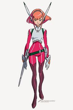 an anime character with two swords in her hands and one hand on her hip, while the