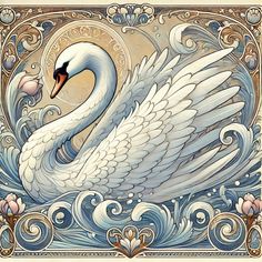 a painting of a white swan with blue swirls