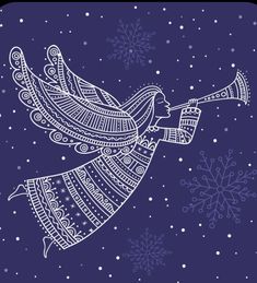 a blue and white christmas card with an angel blowing a trumpet in the air, surrounded by snowflakes