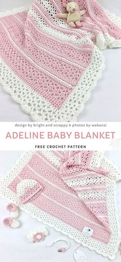 the crocheted baby blanket is pink and white