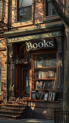 an old book store with stairs leading up to it