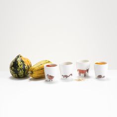 four cups with animals on them sitting next to squash