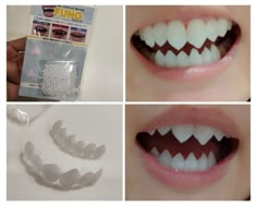 three pictures of teeth with fake gums attached to the front and back of them