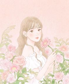 a drawing of a girl with flowers in her hand