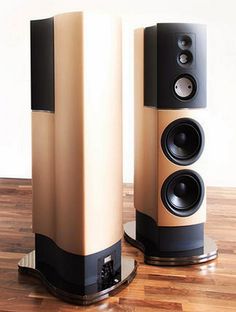 two speakers sitting on top of a wooden floor