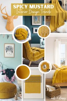 the interior design trend is yellow and blue in this photo collage, there are many different