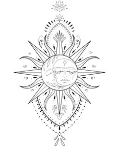 the sun and moon face with ornate ornaments around it in black and white on a white background