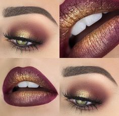 Gold pigment on red lip Gorgeous Makeup, Eyeshadow Looks, Pretty Makeup, Beautiful Makeup