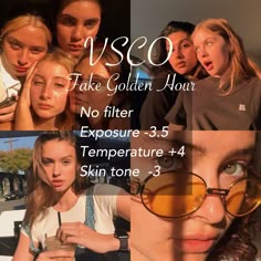 a collage of people with glasses and the words uso take golden hour no filter exposure 3 5 temperature 4 skin tone 3