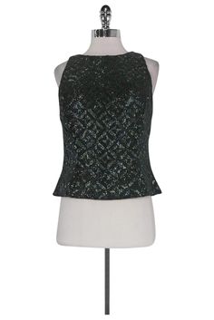 Current Boutique-Carmen Marc Valvo - Green Beaded Silk Top Sz 10 Green Sequined Party Blouse, Elegant Fitted Sequin Top, Glamorous Green Evening Tops, Glamorous Green Tops For Evening, Glamorous Green Top For Evening, Elegant Green Tops For Party, Festive Glamorous Fitted Tops, Glamorous Green Fitted Tops, Festive Formal Fitted Tops