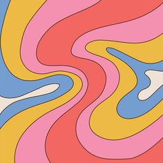 an abstract painting with wavy lines in pink, blue and yellow colors on a white background