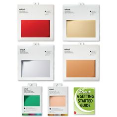 four different shades of paint in white boxes and one is red, yellow, green, orange