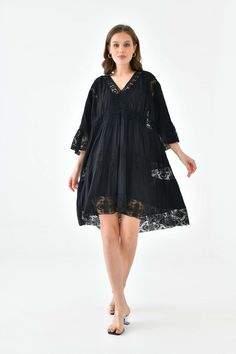 The season we all look forward to is finally here! And you will not want to miss out on this beautiful Oversized 3/4 Sleeves Lace Detailed V Neck Mini Dress. With a v neckline and knee length, this dress has all the elements you need in a dress that is ideal for a city break or a night out with friends! SPECS: Material: Viscose Color: Black Fit: Relaxed Size: Oversized *Suitable for UK size 8-16 Product Highlight: ● Oversized fit with details. ● Versatile design. ● Suitable for various occasions. ● Flattering fit. ● A versatile addition to your wardrobe. 💦CARE INSTRUCTIONS: ● Check the care label for instructions. ● Pre-treat stains before washing. ● Machine wash on a gentle cycle with cold water. ● Use a mild detergent suitable for delicate fabrics. ● Avoid bleach and fabric softeners. ● Product Highlight, V Neck Mini Dress, City Break, Smock Dress, Black Fits, Dress Clothes For Women, To Miss, Oversized Fits, Lace Detail