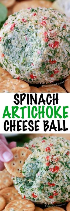 spinach artichoke cheese ball on top of crackers with the words spinach artichoke cheese ball above it