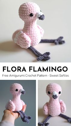 there is a crocheted pink bird sitting on the ground with its legs spread out