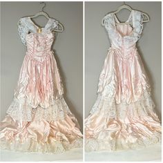 Vintage 1980s Southern Belle Prairie Full Length Dress Costume Peach/Pink And White Women's Size 5/6 Approx Measurements: Chest 15" Waist 11" Length 56" Preowned Vintage Condition. Some Signs Of Normal Wear Are Present Such As Multiple Light Marks And Some Stitching Repair On The Back As Shown In Photos - Have Not Attempted To Clean. Please See All Photos For Condition Details And Examples Of Wear. 1880s Dress Light Pink, Cottagecore Pink Vintage Dress With Ruffles, Pink Cotton Vintage Dress With Lace Trim, Vintage Pink Sleeveless Nightgown, 1970s Ruffled Vintage Day Dress, Full Length Dress, Dress Costume, Southern Belle, Peach Pink