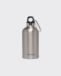 Silver Stainless Steel Insulated Water Bottle, 350 Ml | PRADA Metal Water Bottle, Lettering Logo, Water Bottle Design, Work Trousers, Airport Fashion, Mens Lifestyle, Insulated Stainless Steel Water Bottle, Rhinestone Designs, Insulated Water Bottle