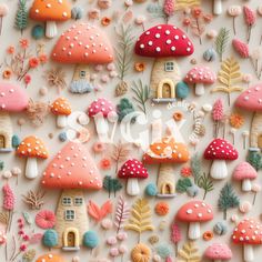 colorful mushrooms and plants are arranged on the wall