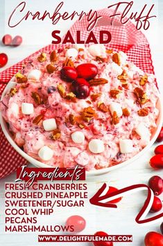 an advertisement for cranberry fluff salad with cherries and marshmallows