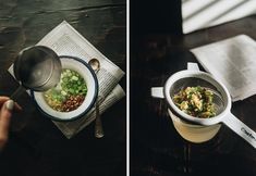 two pictures of food being cooked in a pot and on the table with a newspaper