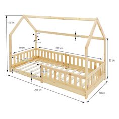 a wooden bed frame with measurements for the top and bottom bunkes on each side