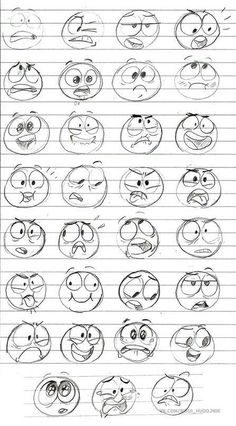 a sheet of lined paper with different faces drawn on it