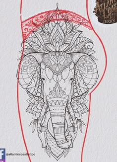 an elephant with intricate designs on it's face and head is shown in red ink