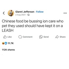 a tweet with an image of a dog on it's face and the caption that reads, chinese food be bushing lion care who pet they should have kept kept kept kept