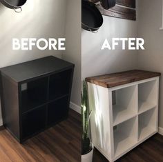 before and after photos of a white painted entertainment center with open shelving unit below