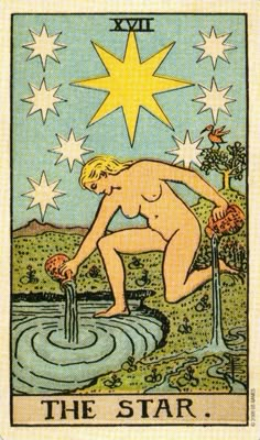 the star tarot card with a nude woman drinking water from a pond and stars above it