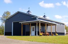 a large blue barn with two porches on the side