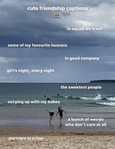 two people walking on the beach with surfboards in their hands and words describing them