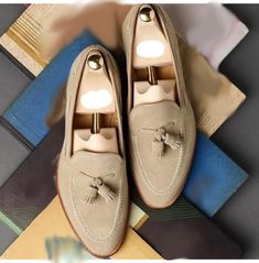 Good Looking Beige Color Party Shoes, Premium Cow Color Party, Loafers Style, Leather Tassel, Toe Shoes, Beige Color