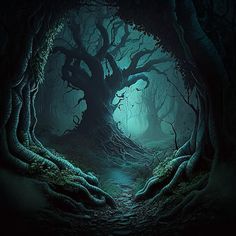 an image of a dark forest scene with trees and light at the end of the tunnel