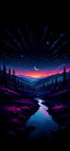 the night sky is lit up with purple and blue colors, as well as stars