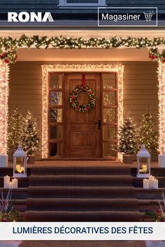 the front door of a house decorated for christmas with lights and wreaths on it