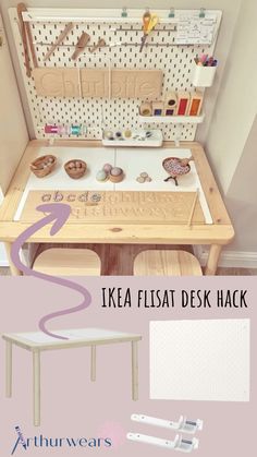 Image of an ikea flisat sensory table with a skadis pegboard attached using special connectors Ikea Art Table For Kids, Ikea Bin Hack, Ikea Flisat Table Makeover, Flisat Art Table Hack, Ikea Trofast Table Hack, Dundra Table Hack, Ikea Flisat Table Ideas Toddler, Flisat Ikea Table Activities, Ikea Sensory Table Hack