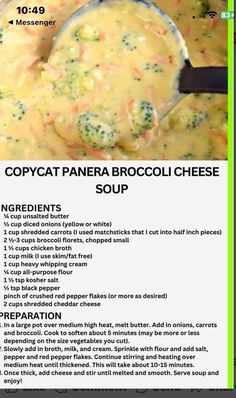 broccoli cheese soup recipe with instructions on the side and in a green frame