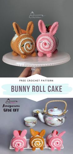 two crocheted bunnies sitting on top of a cake plate next to each other