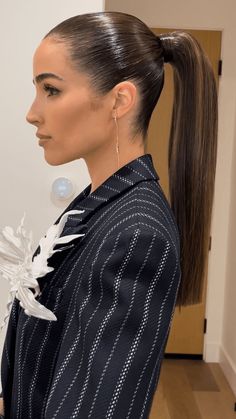 Slicked-back ponytails are easy to achieve. We rounded up 16 ways to wear the sleek style inside. Sleek Hair With Headband, Chic Ponytail Wedding, Slick Hair Ponytail, Gelled Ponytail Hairstyles, Long Straight Hair Ponytail Styles, Sleek Ponytail Straight Hair, Low Ponytail Straight Hair, Slick High Bun Hairstyles, Slick Back Straight Ponytail