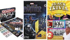 the black panther board game is on display in front of other games, including monopoly