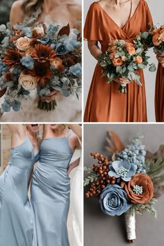 the bridesmaids are holding their bouquets in different shades of blue and orange