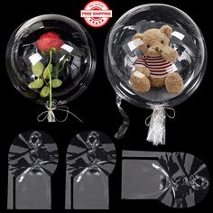 a teddy bear in a striped shirt and some clear acrylic balls with flowers