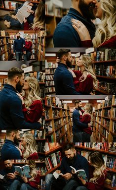 a man and woman are kissing in front of bookshelves