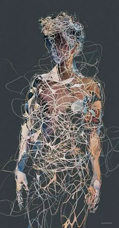 an abstract drawing of a man's torso with lines all over him and his body