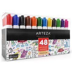 the artez 48 piece dry erase markers are in a display box with different colors