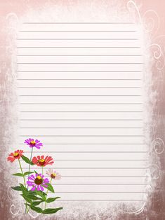 pink and yellow flowers are in front of a lined paper